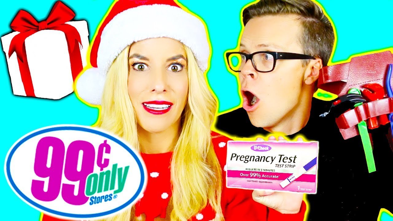 99 Cent Store Challenge! (10 Dollar Holiday Gift Exchange- pregnancy test, candy, weird toys,))