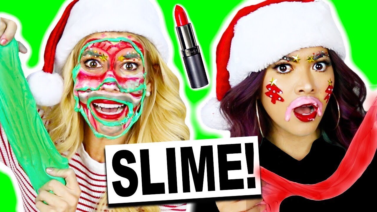 Full Face Using DIY Slime and MakeUp Holiday Challenge! (DIY Fluffy Slime, No Borax)