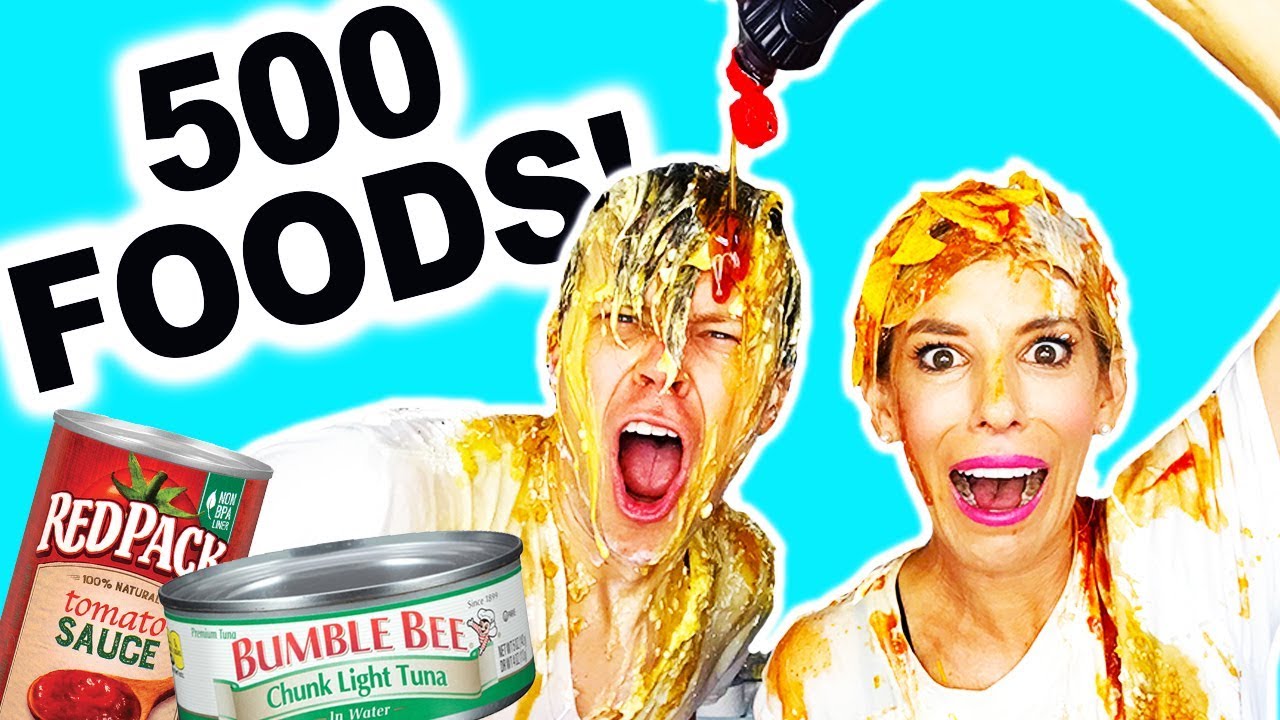 GIANT EAT IT OR WEAR IT CHALLENGE! DUMPING 500 THINGS ON OUR HEADS!