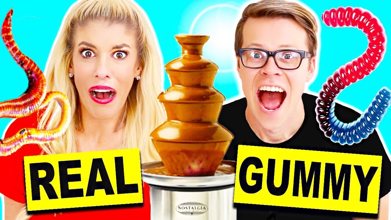 Gummy Food vs Real Food Chocolate Fondue Challenge! Giant Gummy Candy Worm