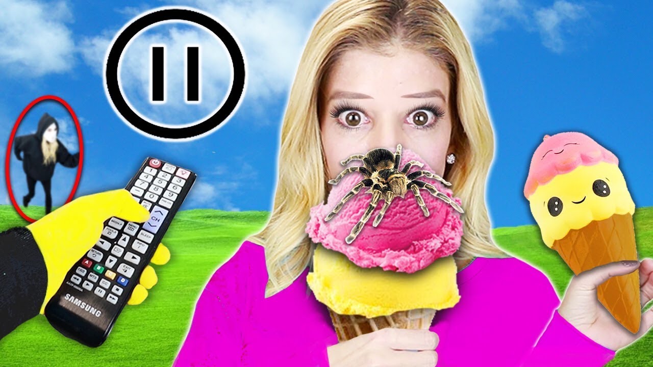 PAUSE CHALLENGE w/ Rebecca Zamolo for 24 hours! Squishy Food vs. Real Food (Game Master spy Wins)