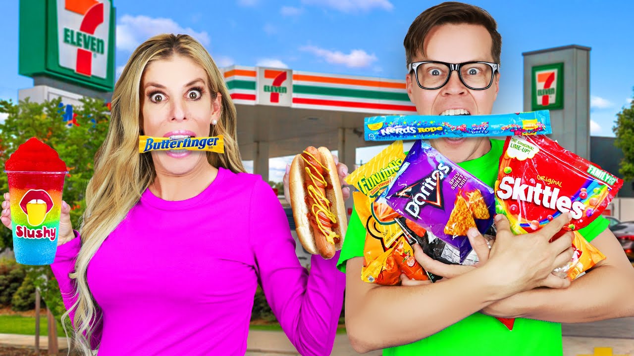 Eating Only GAS STATION FOOD for 24 Hours! Matt and Rebecca